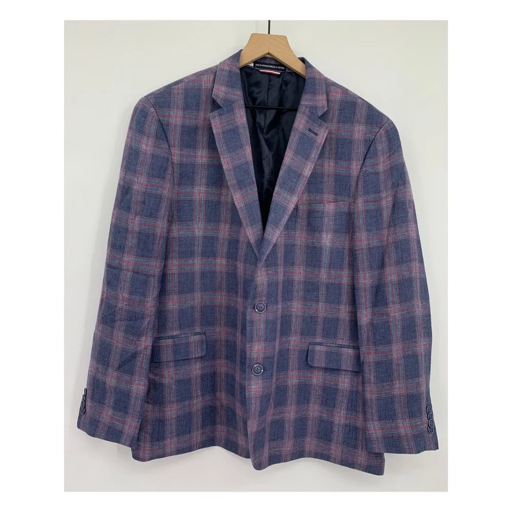 Tommy Hilfiger Blazer Mens 46R Blue Red Plaid 100% Linen Two Button Sport Coat